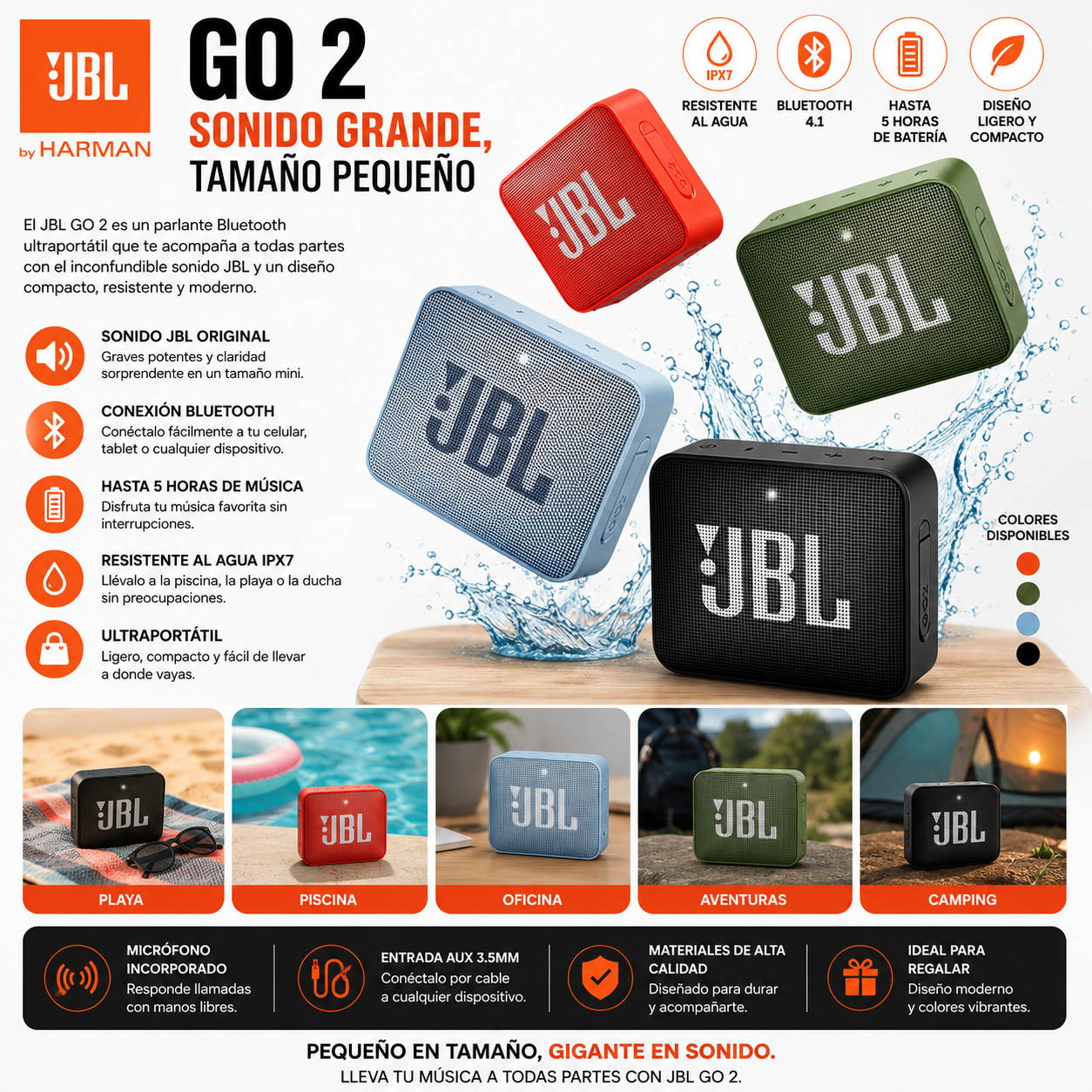 IPX7 Waterproof JBL GO 2 Wireless Bluetooth Speaker for Outdoor